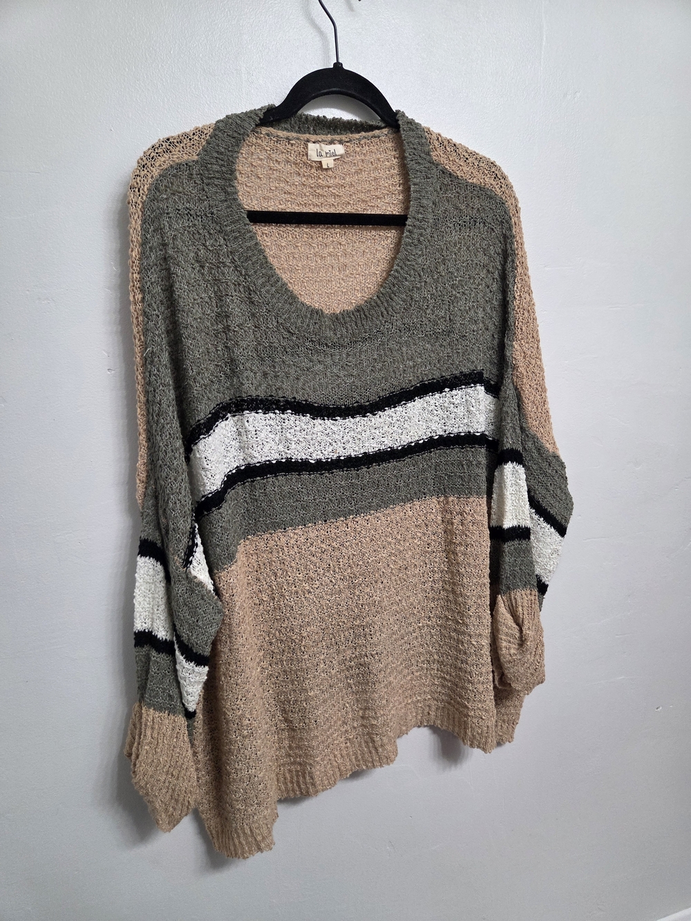 Oversized Striped Pullover Sweater in Olive & Beige -